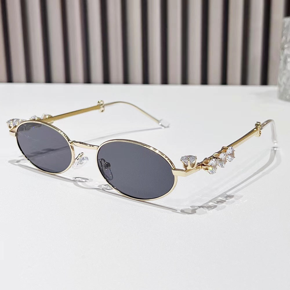 Women's Oval Frame Anti-Blue Light Glasses with Metal Inlay and Rhinestone Detail