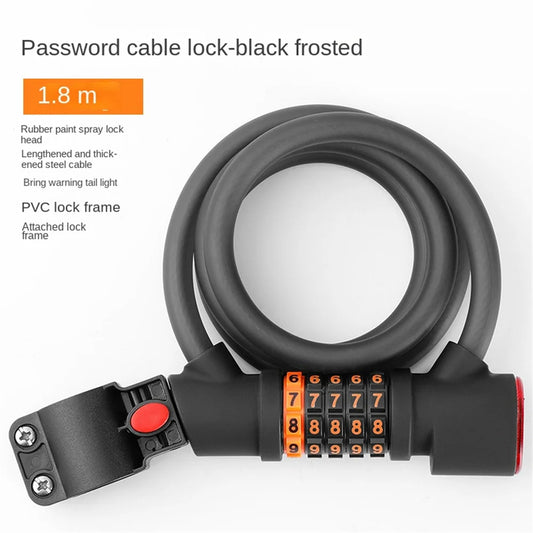 Bike Lock Steel Cable PVC Coated 5-Digit Combination LED Light 260mAh Battery 1.2m