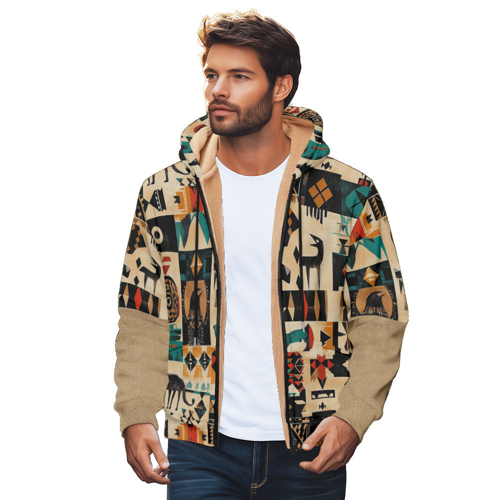 Men’s Winter Jacket Plaid Print Fleece Lined Cotton Padded Zip Hoodie Coat
