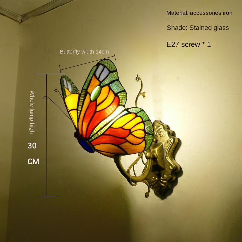 Home Butterfly LED Wall Lamp Stained Glass European Countryside Style Lighting