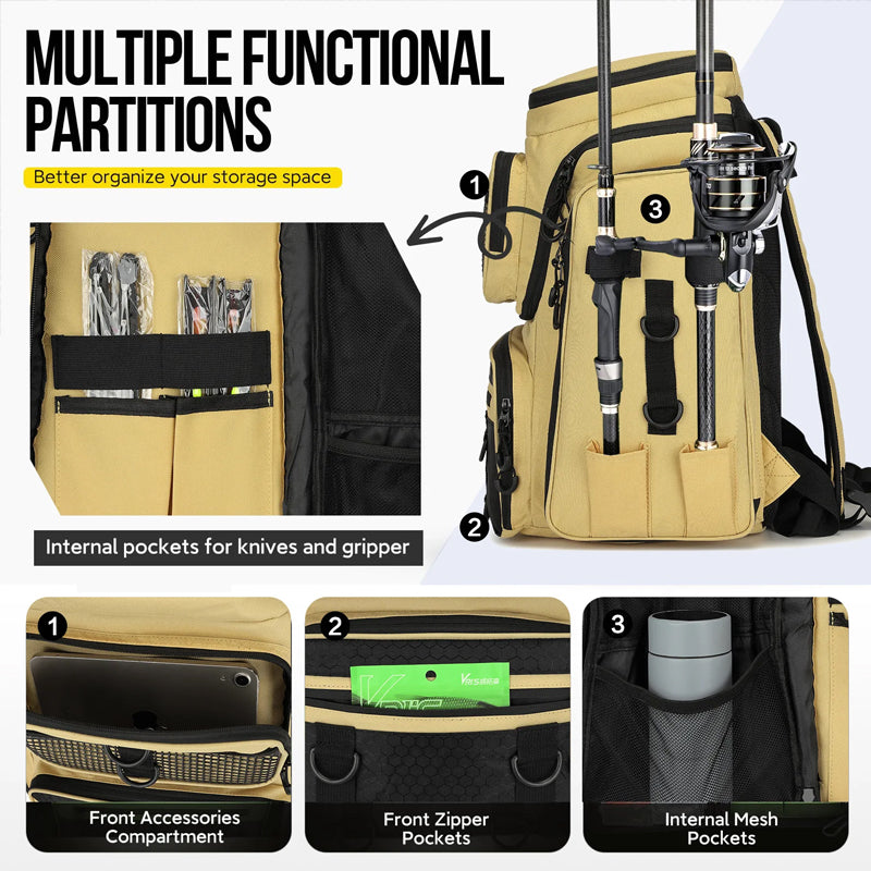 Fishing Backpack Rod Holder Tackle Box Hiking Gear Waterproof Spacious Durable