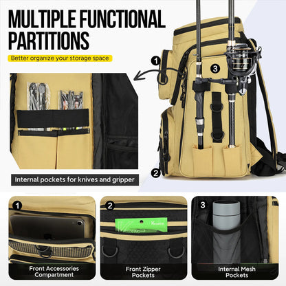 Fishing Backpack Rod Holder Tackle Box Hiking Gear Waterproof Spacious Durable