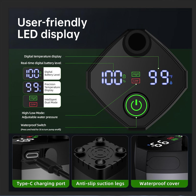 Outdoor Camping Shower 6000mAh USB-C Rechargeable Waterproof Digital Display