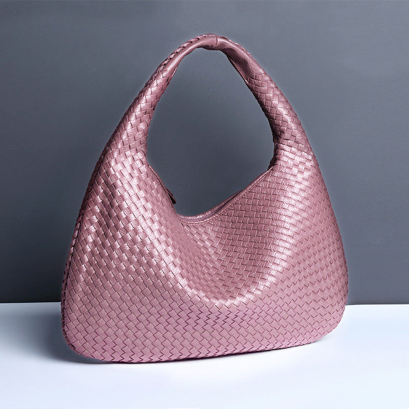 Large Women's Crescent Woven Handbag Zip Closure Daily Use Bag