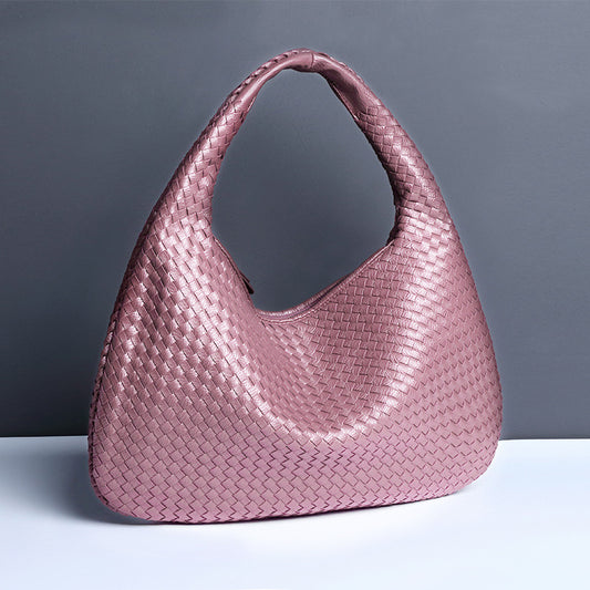 Large Women's Crescent Woven Handbag Zip Closure Daily Use Bag
