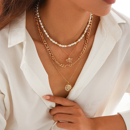Retro Multi-Layer Pearl Necklace Dangle Pendant Gold Womens Jewellery