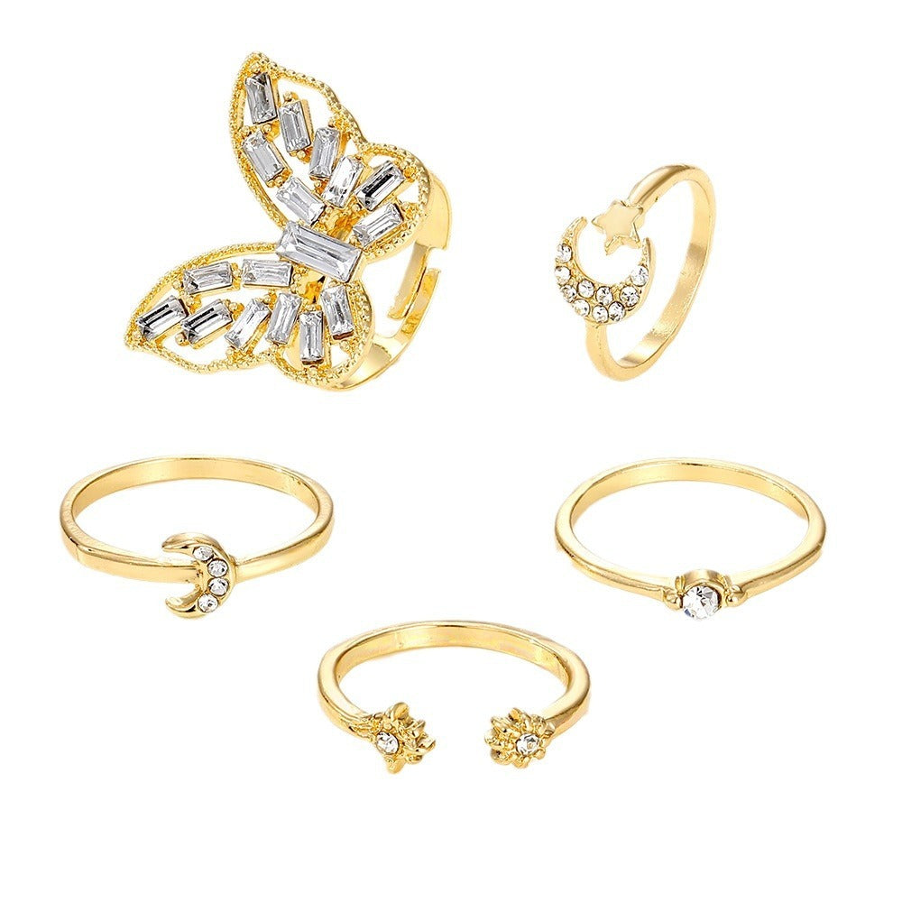 Women’s Gold Tone Midi Ring Set Butterfly Star Moon Jewelry Adjustable Rings