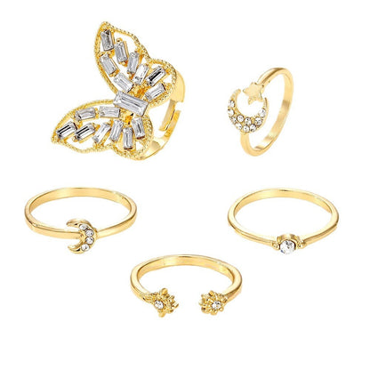 Women’s Gold Tone Midi Ring Set Butterfly Star Moon Jewelry Adjustable Rings