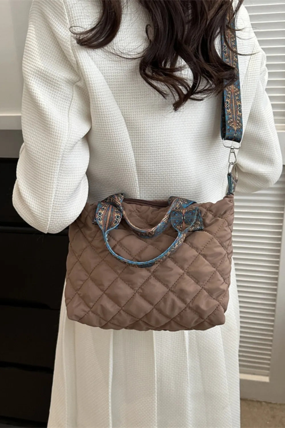 Bubble Quilted Handbag Printed Strap Oxford Cloth Casual Shoulder Bag 34.5cm