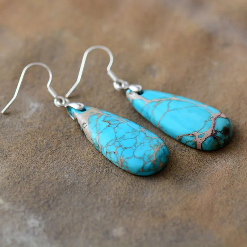 Natural Stone Teardrop Earrings Copper Hook Gemstone Jewellery Fashion 5.8cm