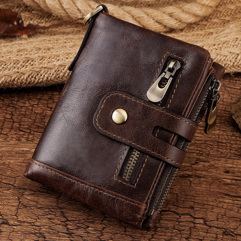Men's Leather Wallet Large Capacity Buckle Retro Zipper Coin Purse Anti-theft Clutch