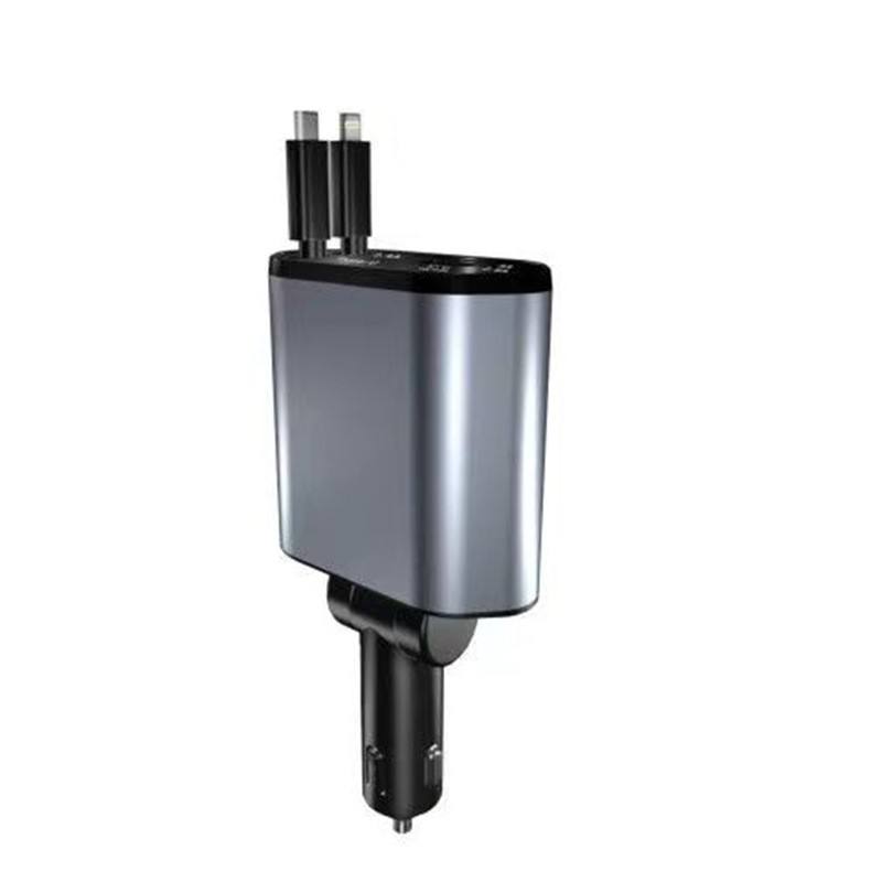 4-in-1 Retractable Car Charger 100W Fast Charging Alloy Type-C 3 Pin USB