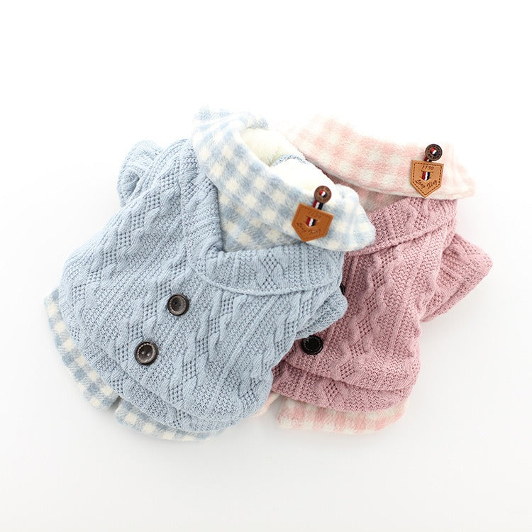 Pet Dog Classic Knitwear Gingham Collar Stylish Warm Jumper Plaid Winter