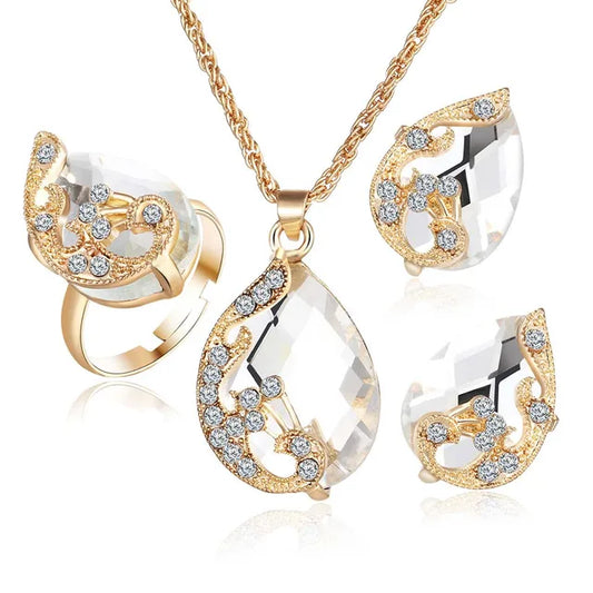 Gold Tone Crystal Water Drop Ring Necklace Earring Jewellery Set