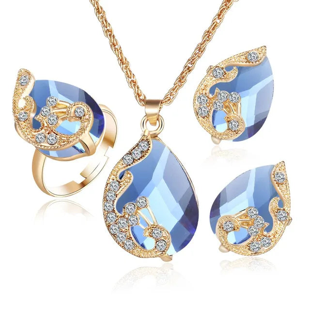 Gold Tone Crystal Water Drop Ring Necklace Earring Jewellery Set