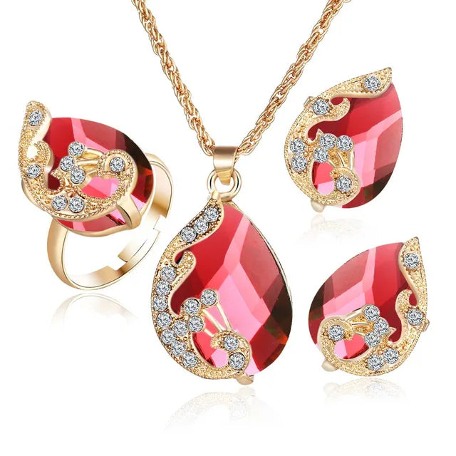 Gold Tone Crystal Water Drop Ring Necklace Earring Jewellery Set