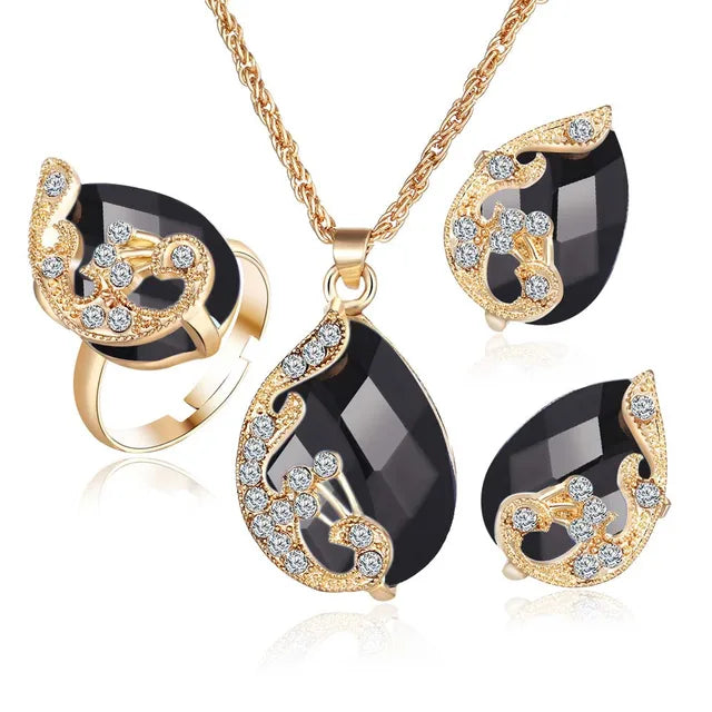 Gold Tone Crystal Water Drop Ring Necklace Earring Jewellery Set