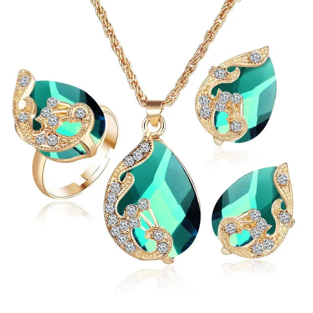 Gold Tone Crystal Water Drop Ring Necklace Earring Jewellery Set