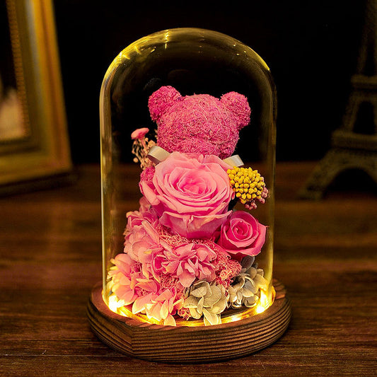 Everlasting Flower Bear Glass Dome Valentine's Day Gift Preserved Rose Roses