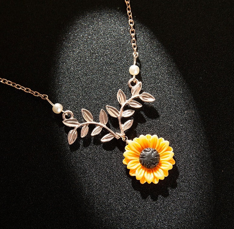 Silver Rose Gold Sunflower Floral Necklace Pearls Chain Jewellery Women