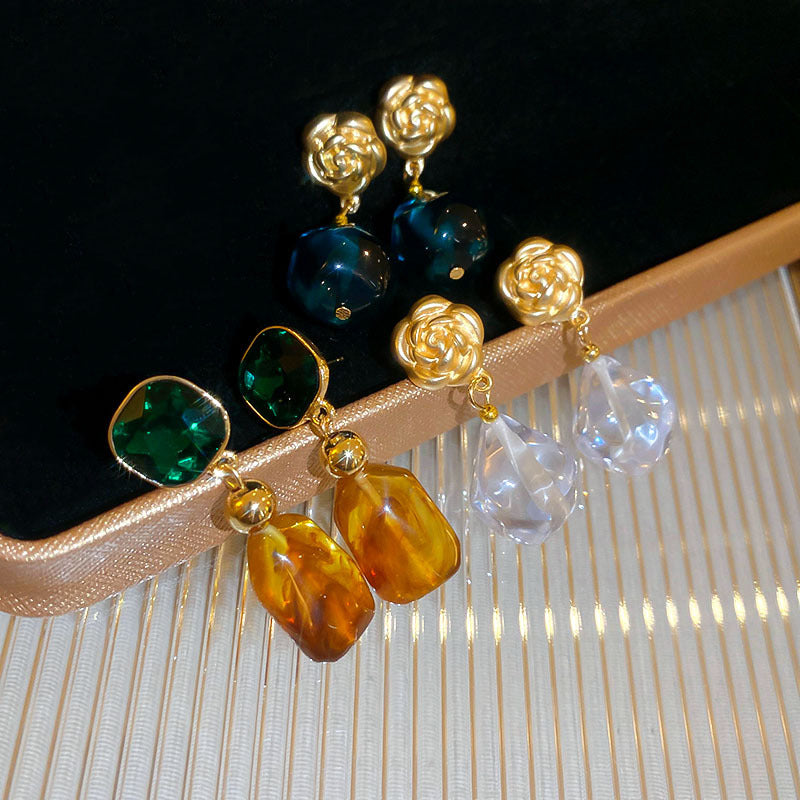 Gold Tone Drop Dangle Gemstone Resin Earrings Women's Fashion Jewellery