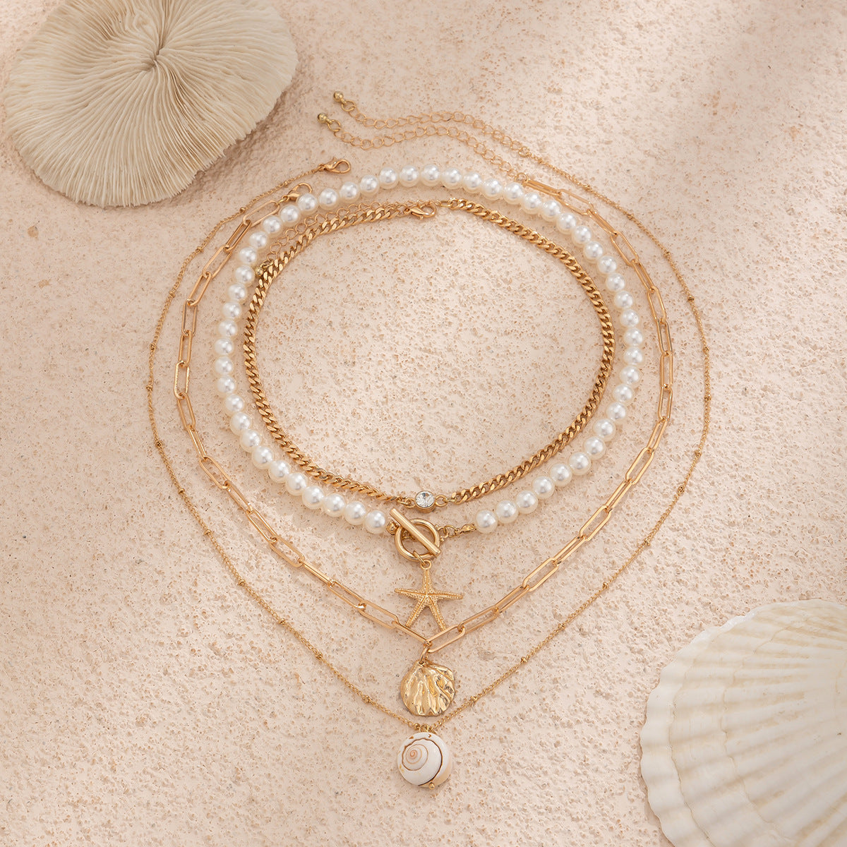 Beach Theme Beaded Necklace Layered Pearl Starfish Shell Jewellery
