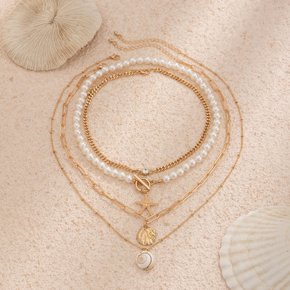 Beach Theme Beaded Necklace Layered Pearl Starfish Shell Jewellery