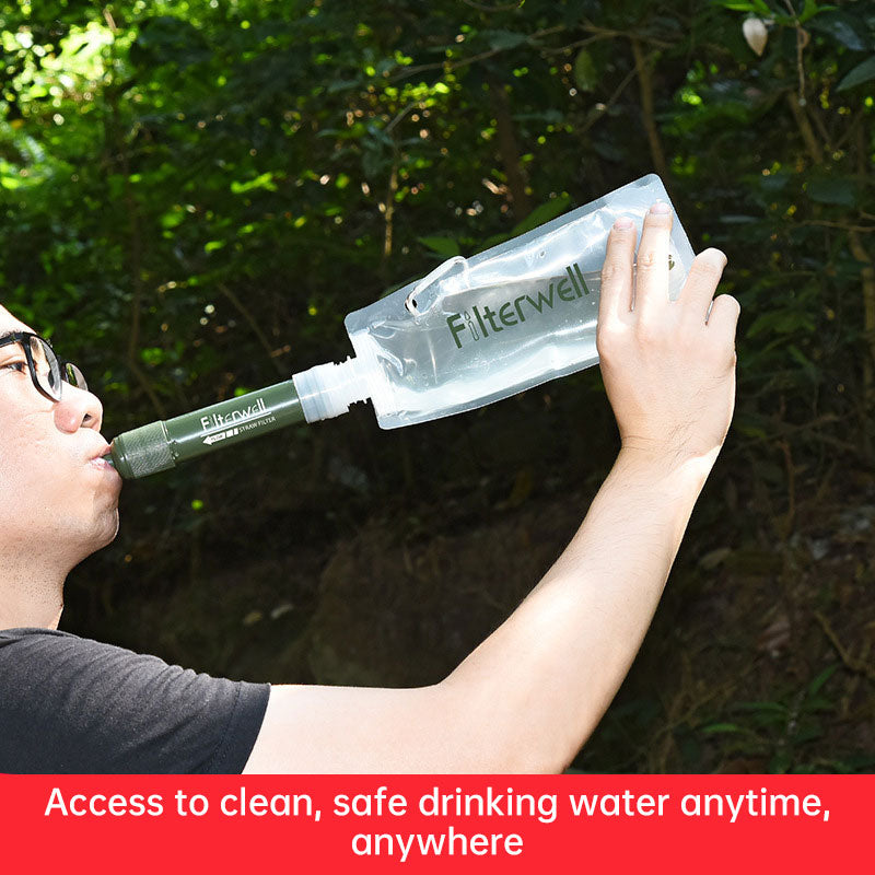 4000L Water Purification Filtration Portable Camping Filter Straw 480ml Bag Survival Kit