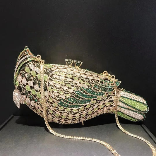 Woodpecker Bird Crystal Rhinestone Clutch Purse for Women Evening Events Bag