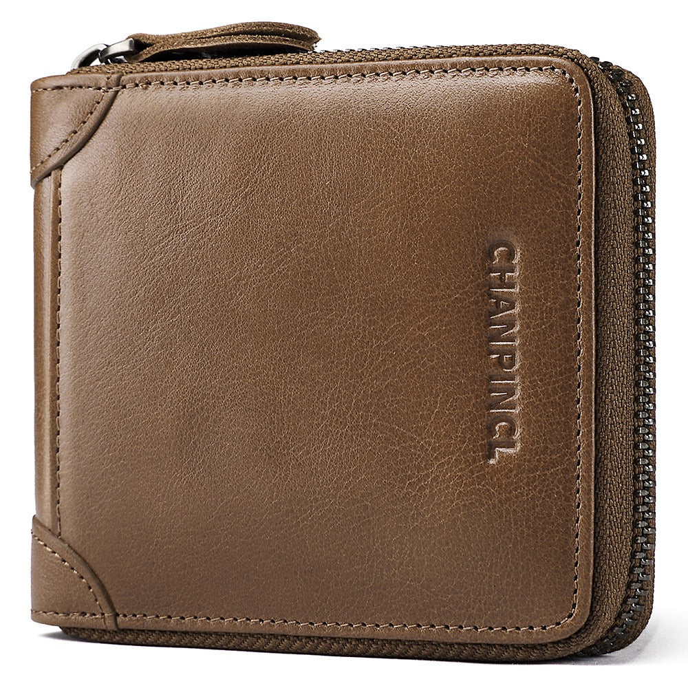 Men's Genuine Leather Zip Wallet Multi-Function Horizontal Style RFID Blocking