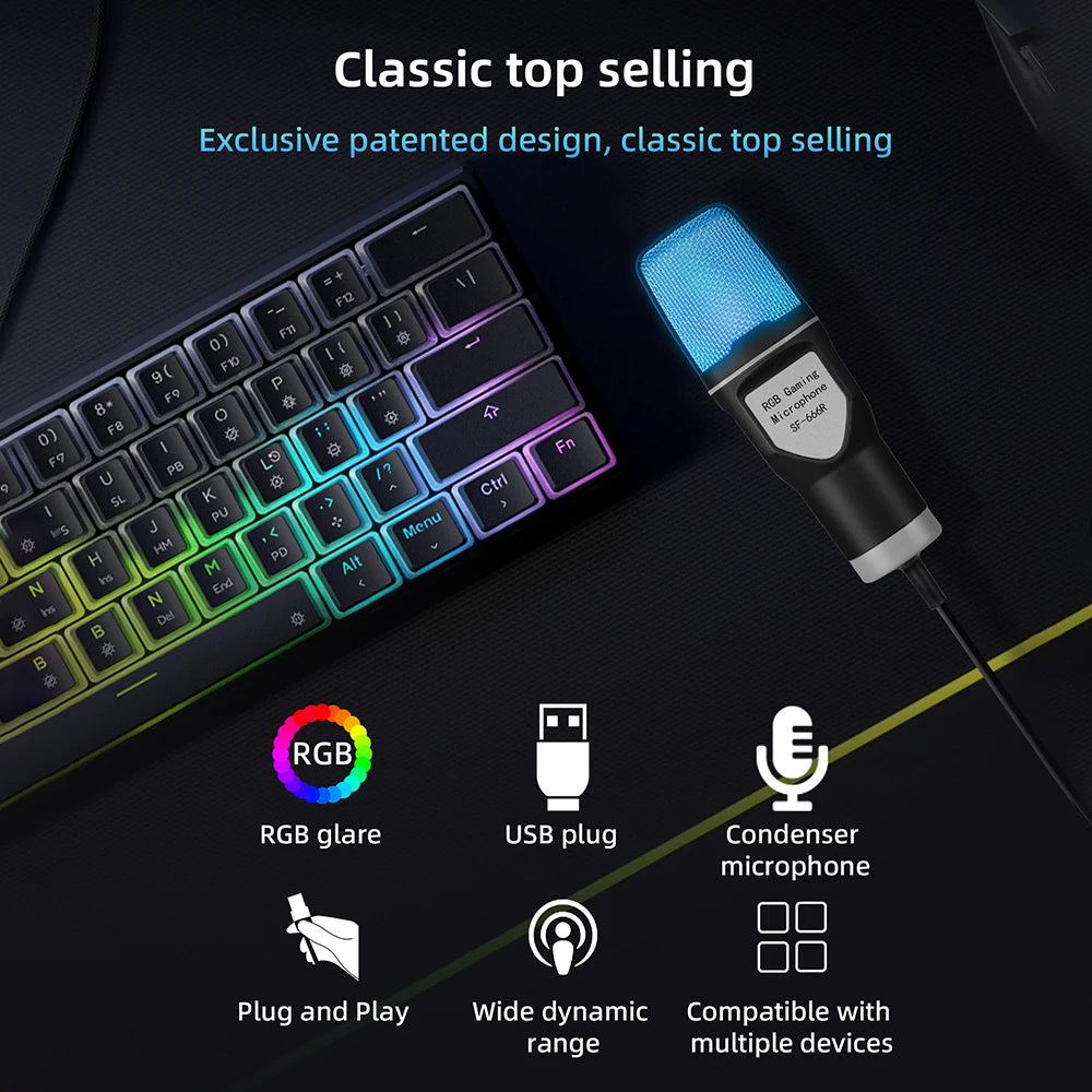 USB Gaming Microphone RGB Condenser Mic Shock Mount Podcast Recording