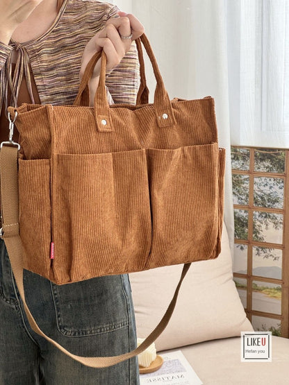 Womens Autumn Winter Corduroy Shoulder Tote Multi-Pocket Durable Spacious Bag