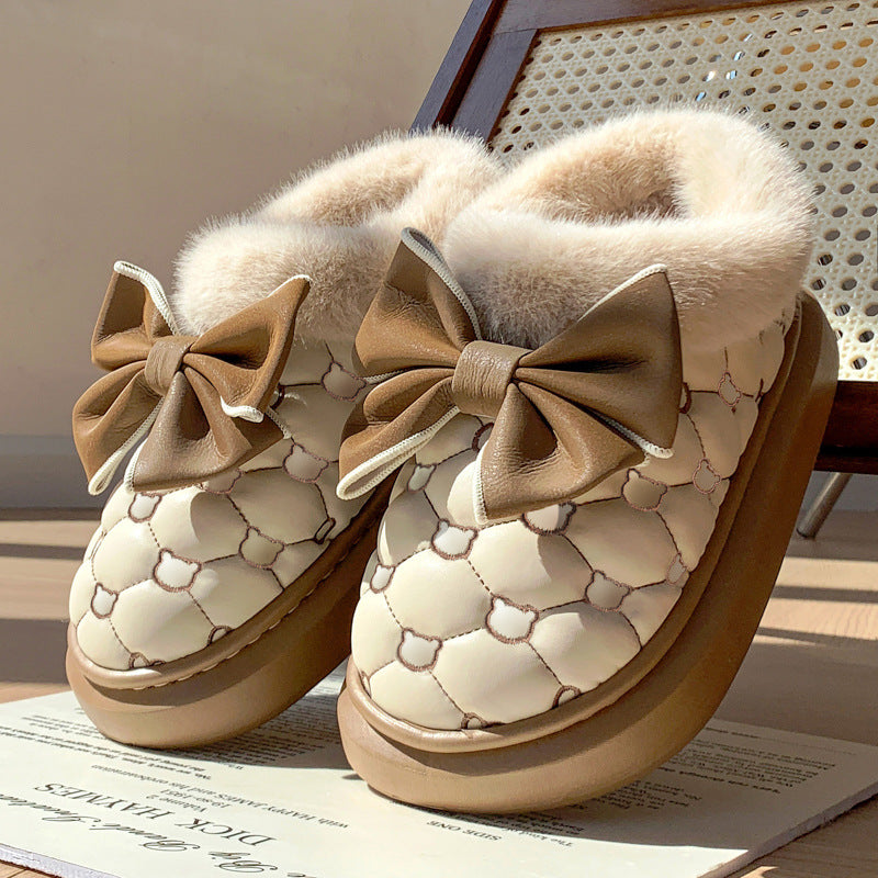 Cute Bow Tie Knot Slippers Warm Cotton Anti-Slip Indoor Shoes Cozy Winter