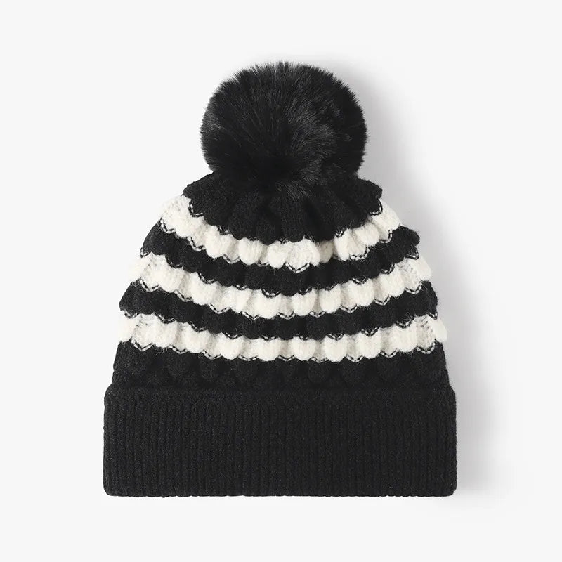 Striped Knit Beanie Hat Winter Warmth Faux Rabbit Fur Pom-Pom Stylish Comfort