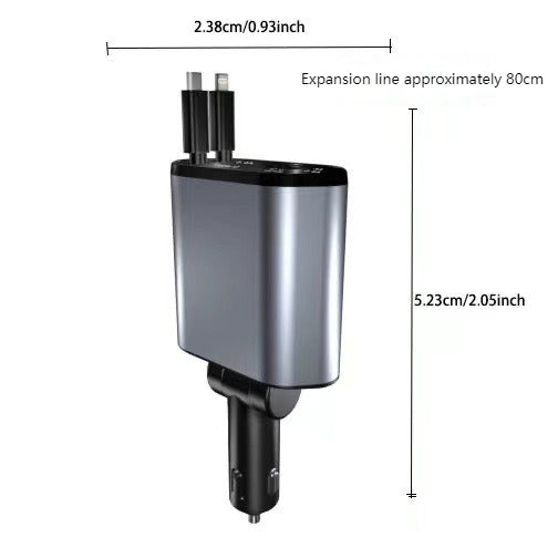 4-in-1 Retractable Car Charger 100W Fast Charging Alloy Type-C 3 Pin USB