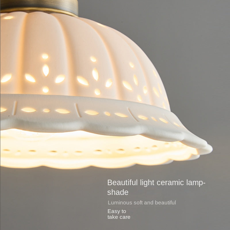 Copper LED Pendant Light Ceramic Shade Adjustable Height Bedroom Study Illumination