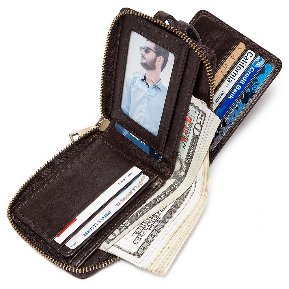 Men's Anti-Theft Leather Wallet Secure Zip Coin Purse RFID Blocking Card Slots