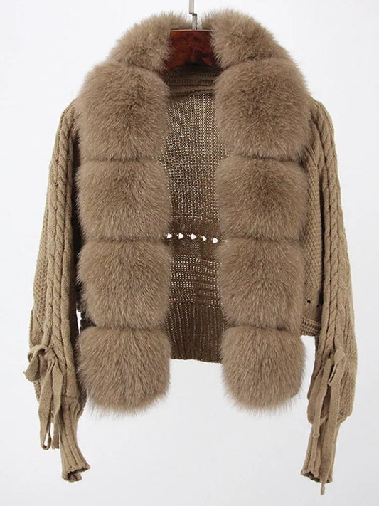 Women's Knitted Premium Faux Fur Coat V Neck Patchworks Full Sleeve Winter Jacket