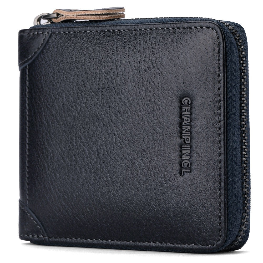 Men's Genuine Leather Zip Wallet Multi-Function Horizontal Style RFID Blocking