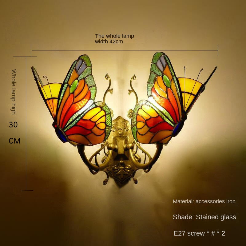 Home Butterfly LED Wall Lamp Stained Glass European Countryside Style Lighting