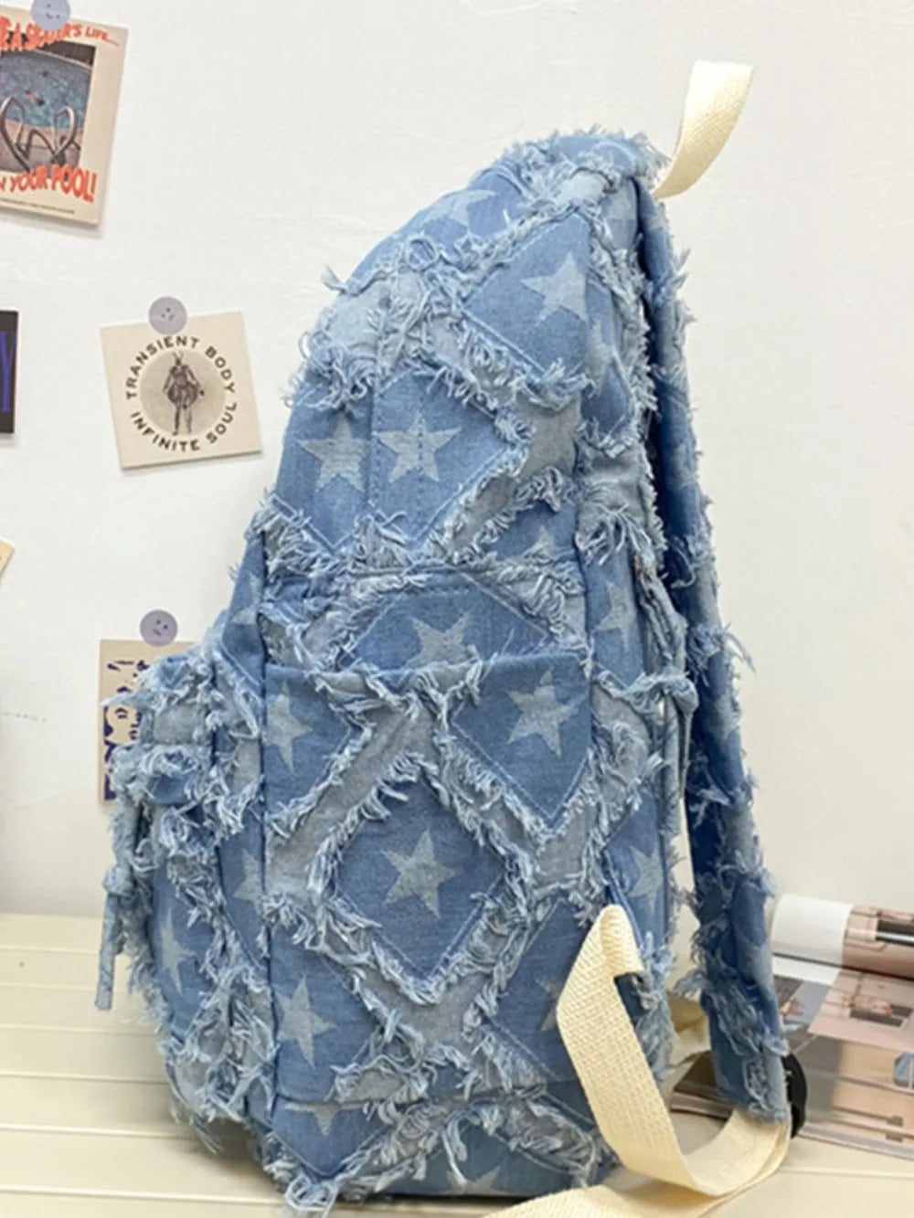 Star Denim Backpack Distressed Frayed Edge Casual Medium School Rucksack Bag