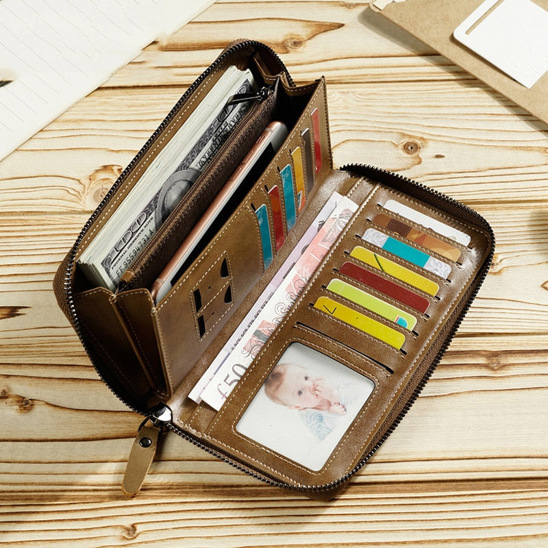 Men's Vintage Long Style Split Leather Wallet Multiple Card Slots Secure Zip Closure