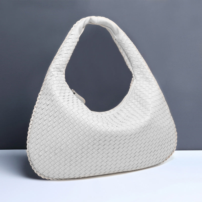 Large Women's Crescent Woven Handbag Zip Closure Daily Use Bag