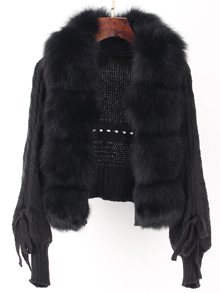 Women's Knitted Premium Faux Fur Coat V Neck Patchworks Full Sleeve Winter Jacket