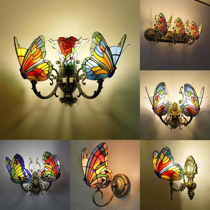Home Butterfly LED Wall Lamp Stained Glass European Countryside Style Lighting