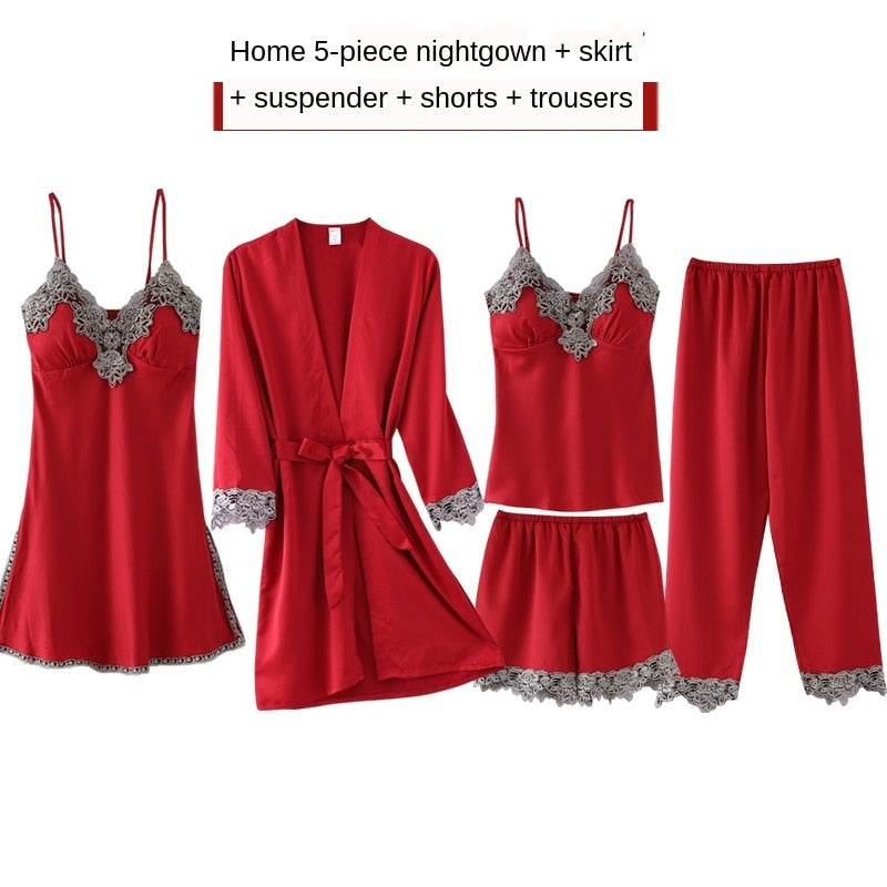 Women's 5-Piece Silk Pajama Set Elegant Lace Trim Sleepwear Nightwear Robe Lounge
