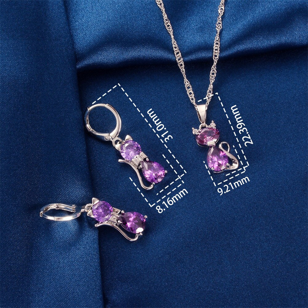 Women’s Cat Shape Jewellery Set Necklace Earrings Jewelry Gift Kitten Dangle