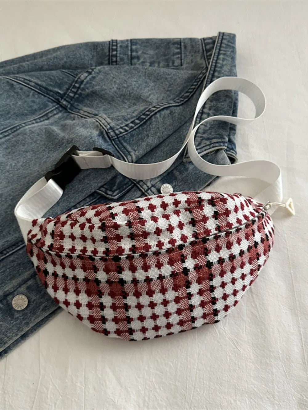 Plaid Wide Strap Crossbody Bag Adjustable Zip Polyester Casual Travel 29.5cm