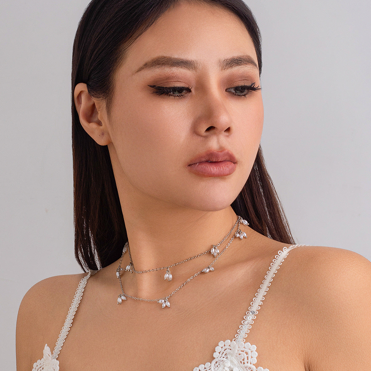 Pearl Dotted Backless Dress necklace Double Layer Earring Bracelet