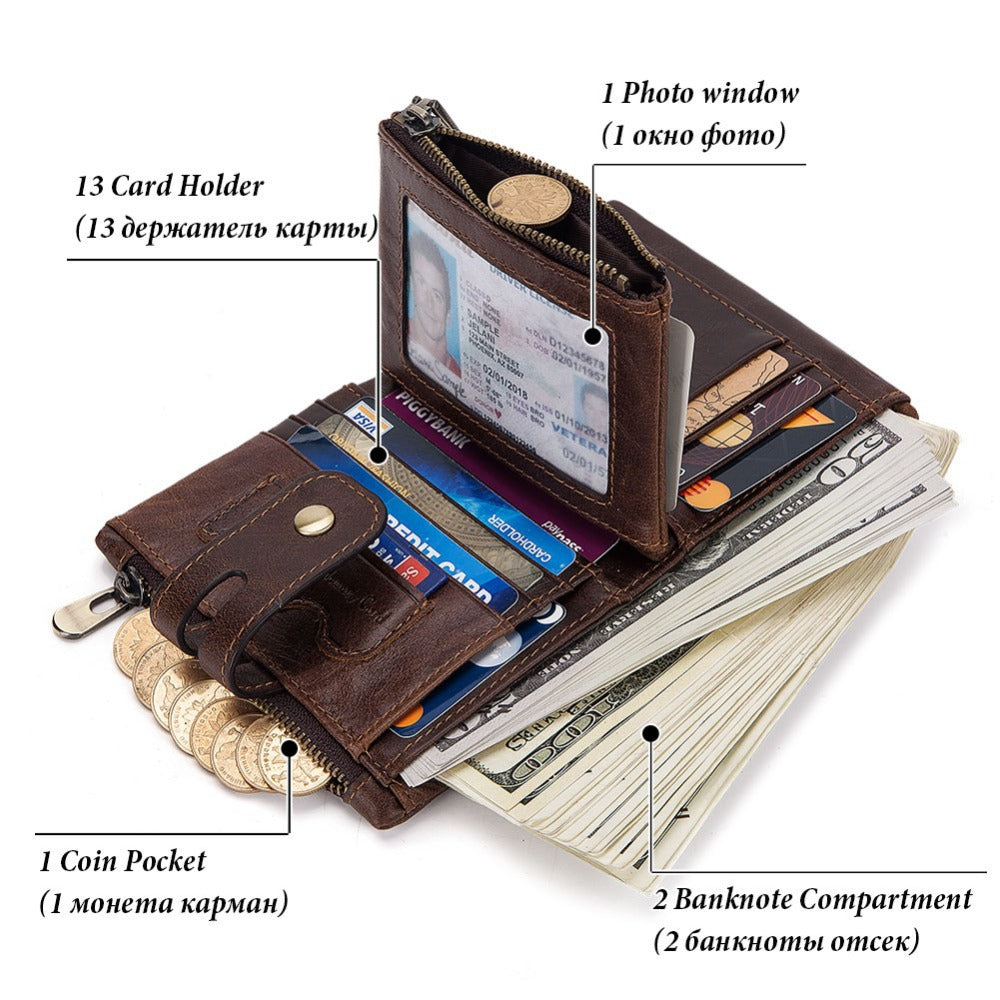 Men's Leather Wallet Large Capacity Buckle Retro Zipper Coin Purse Anti-theft Clutch